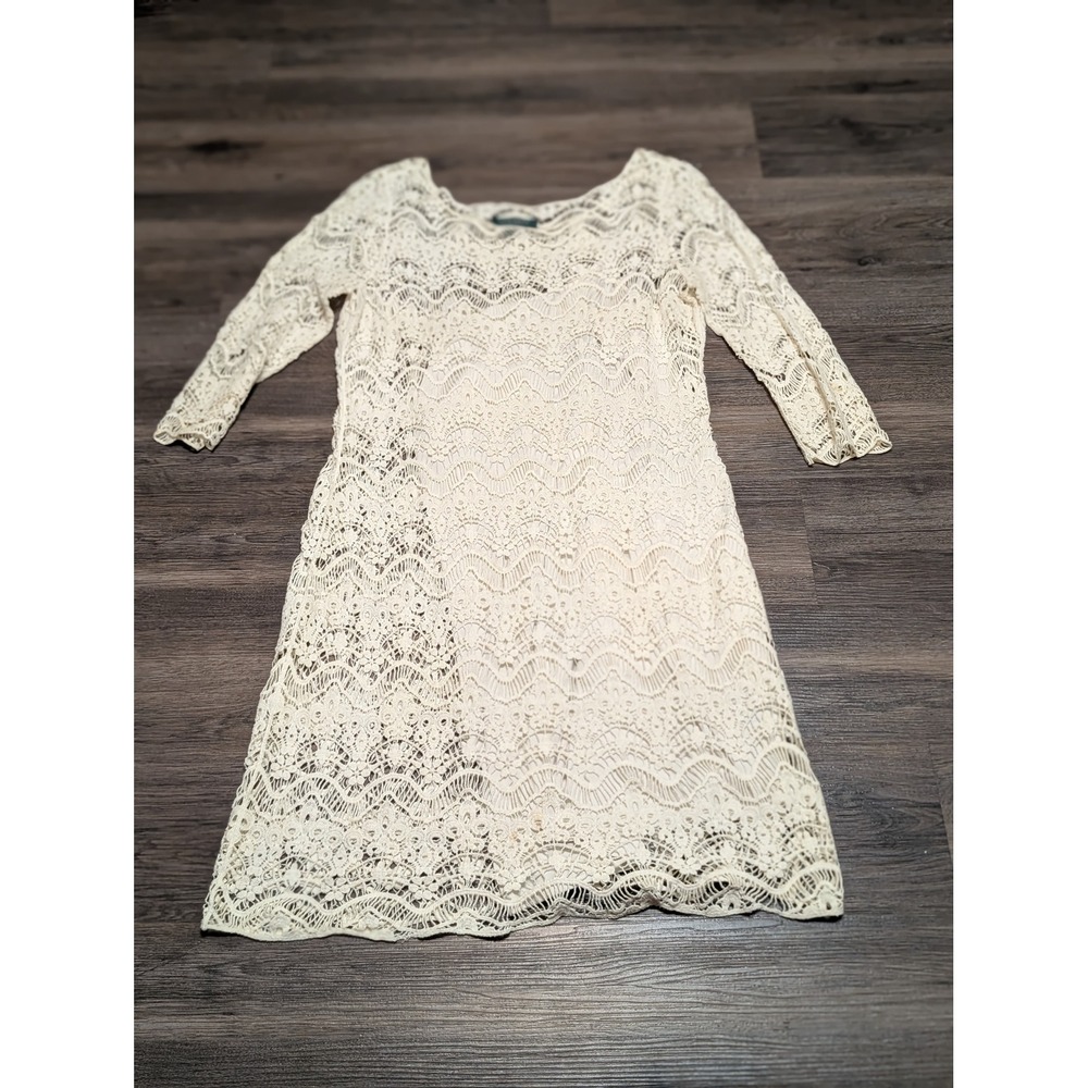 Lauren Ralph Lauren Cream Floral Lace Sheath Dress 3/4 Sleeve Boat Neck L‎ READ